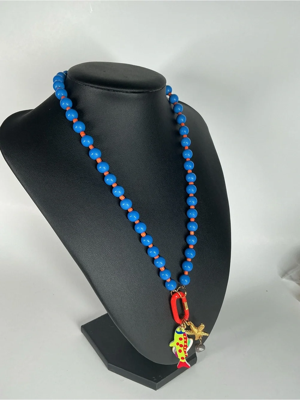 Blue Beaded Necklace with Colorful Fish and Starfish Charms - Women’s necklace